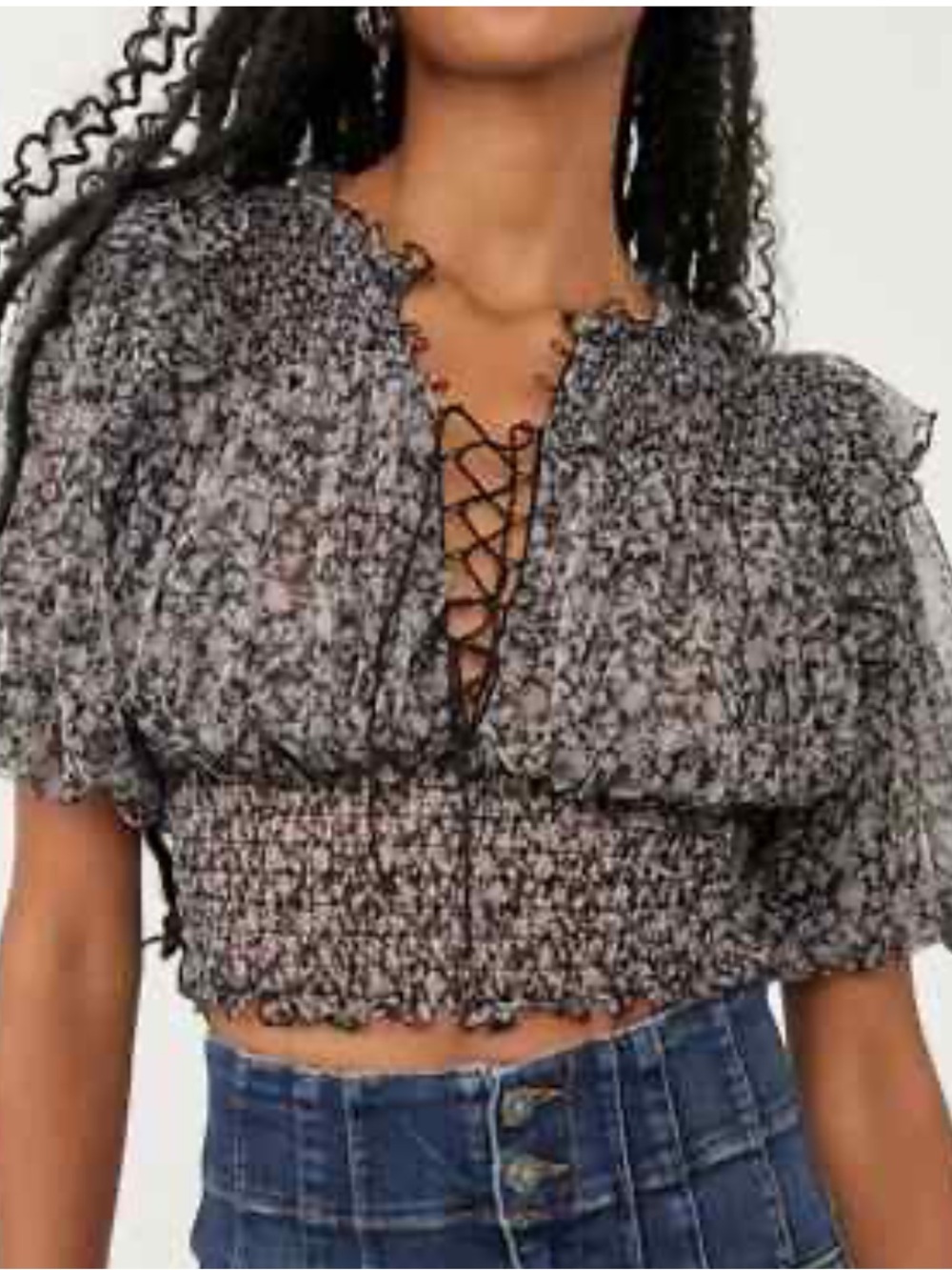 Free People Black and Gray Floral Smocked Ruffle Blouse
